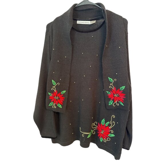 Victoria Jones Black Christmas Sweater Scarf Set XL Poinsettia Embroidery - Picture 1 of 7